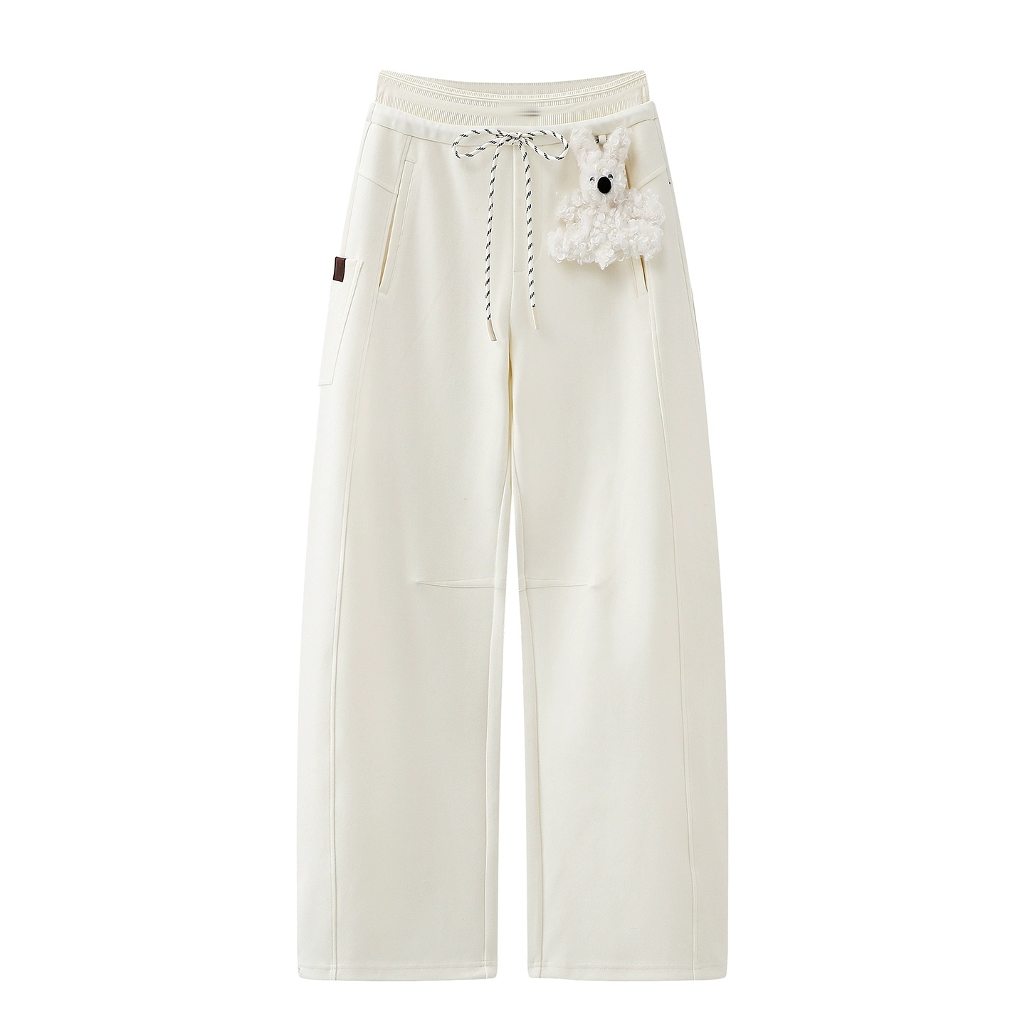 松紧腰小熊挂饰白色直筒休闲长裤
