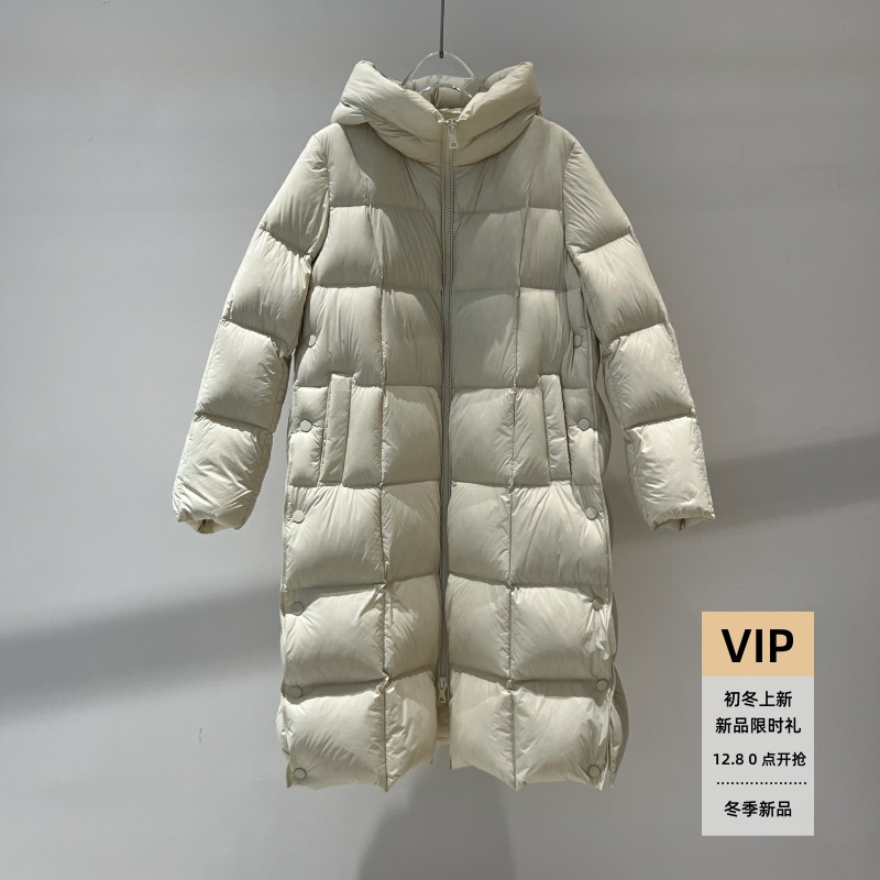 两侧按扣中长款连帽羽绒服外套