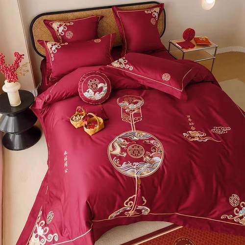 恒洽家纺婚庆床单四件套全棉中式双股澳棉结婚刺绣被套床上用品