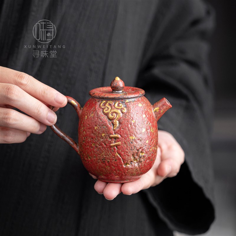 老岩泥铁红釉粗陶点金茶壶复古窑变石纹单壶中式陶瓷功夫茶具