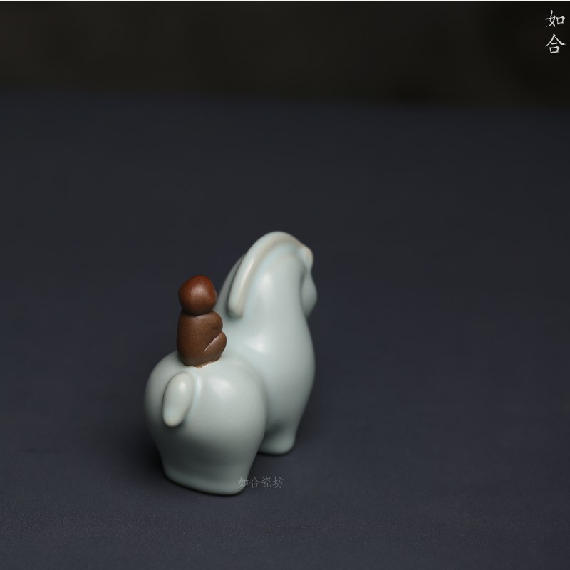 汝窑 马上封侯陶瓷开片茶宠茶玩小摆件家居装饰天青色可养送礼