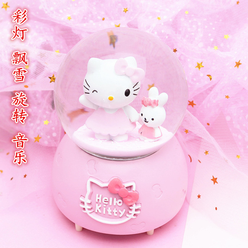 彩灯飘雪花粉红KT凯蒂猫音乐水晶球旋转八音盒创意儿童女生日礼品