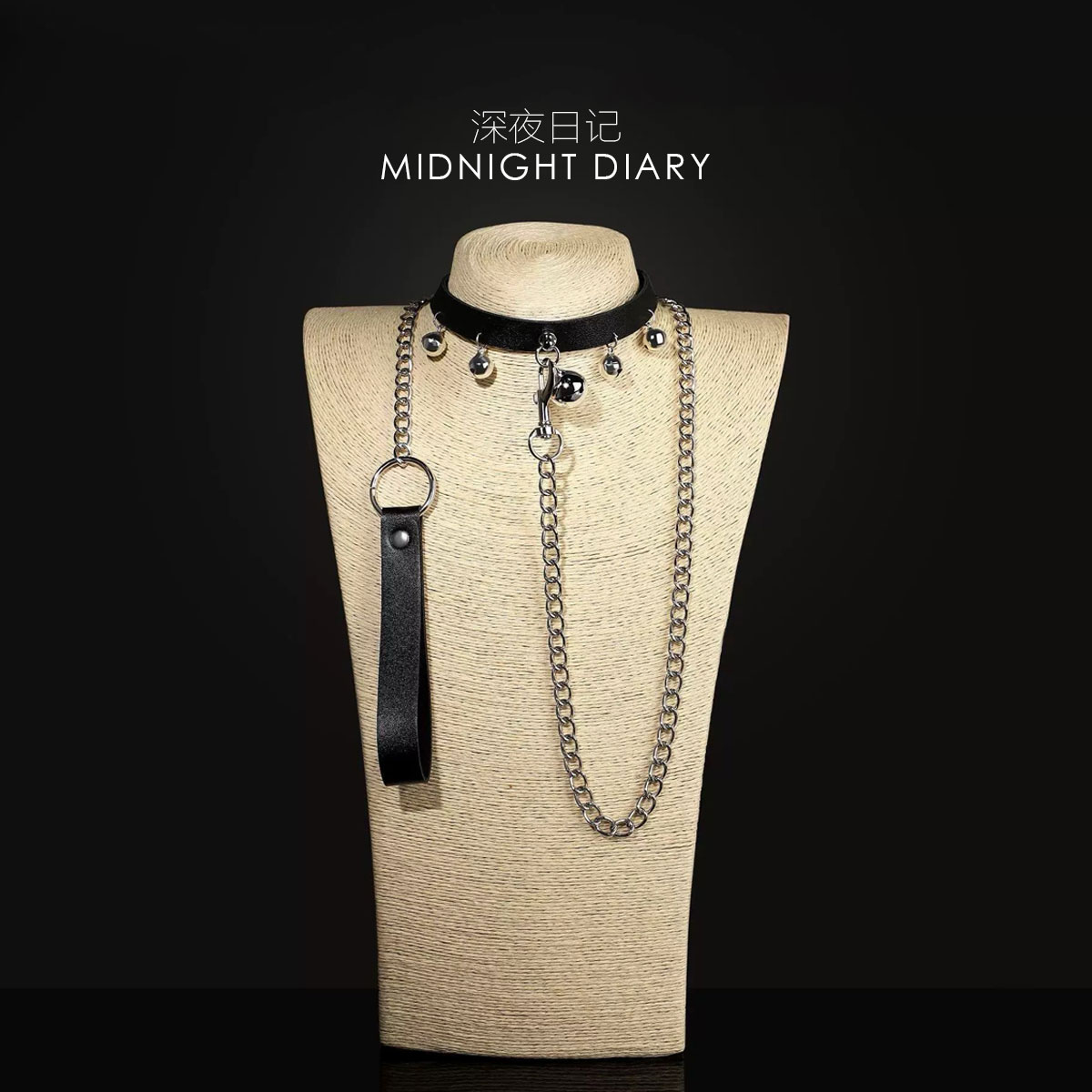 MIDNIGHT DIARY黑色皮质铃铛项圈choker颈环牵引绳辣妹k9拍照道具