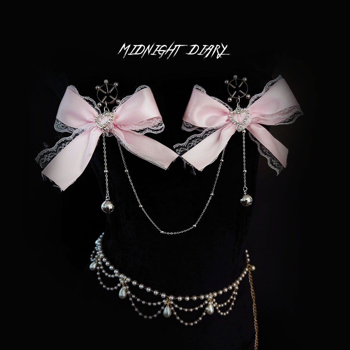 Midnight Diary粉蕾丝身体链铃铛蝴蝶结洛丽塔腰链草莓夹情侣礼物