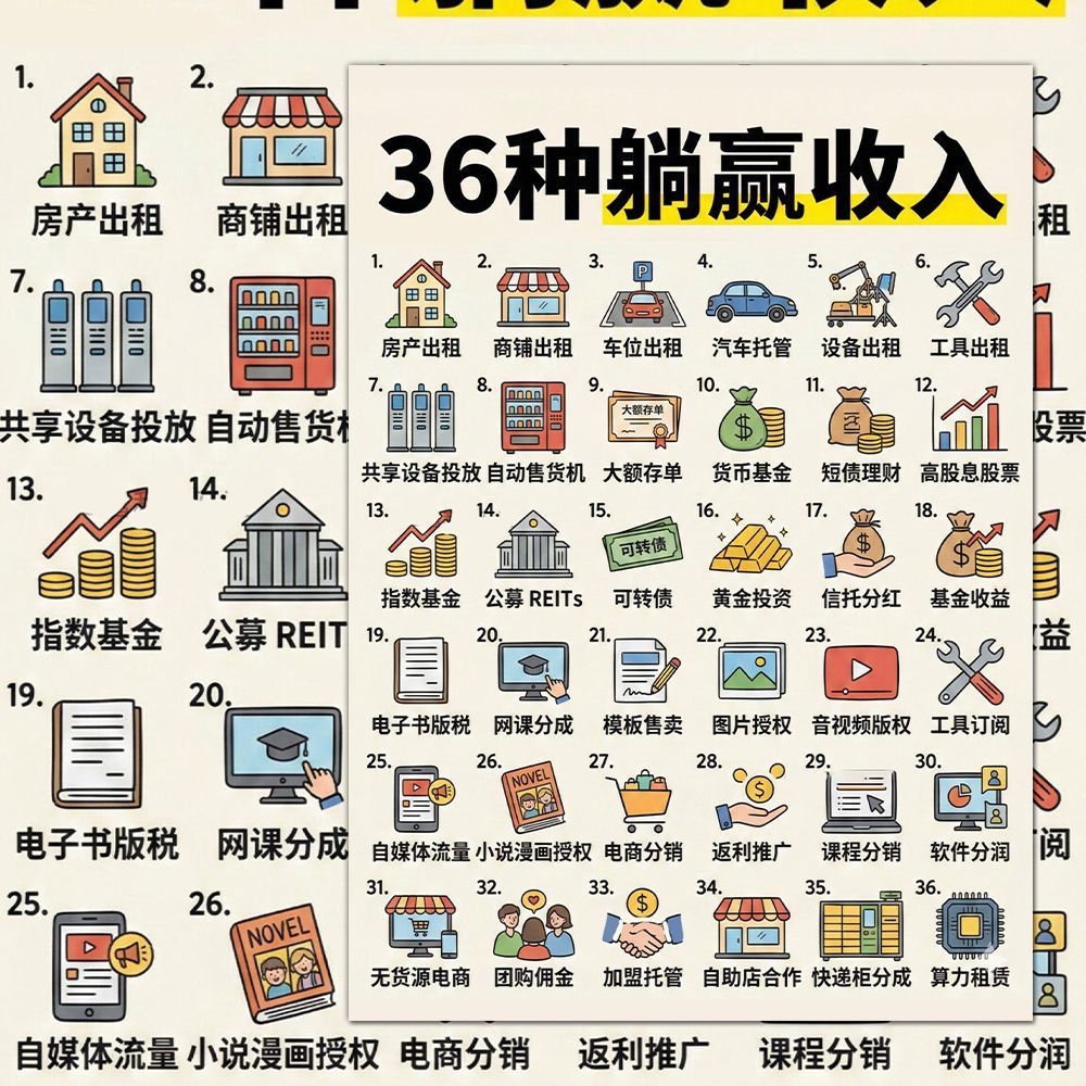36种躺赢收入副业赚钱方法多元化收入金融知识科普学习便携防水