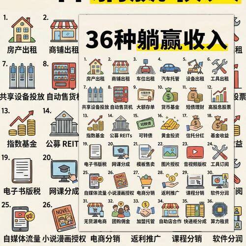 36种躺赢收入副业赚钱方法多元化收入金融知识科普学习便携防水
