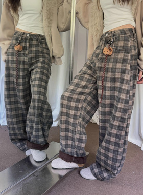 ME KAKAMEE十三行复古格纹加绒宽松牛仔裤子女冬款(配挂件) C0657