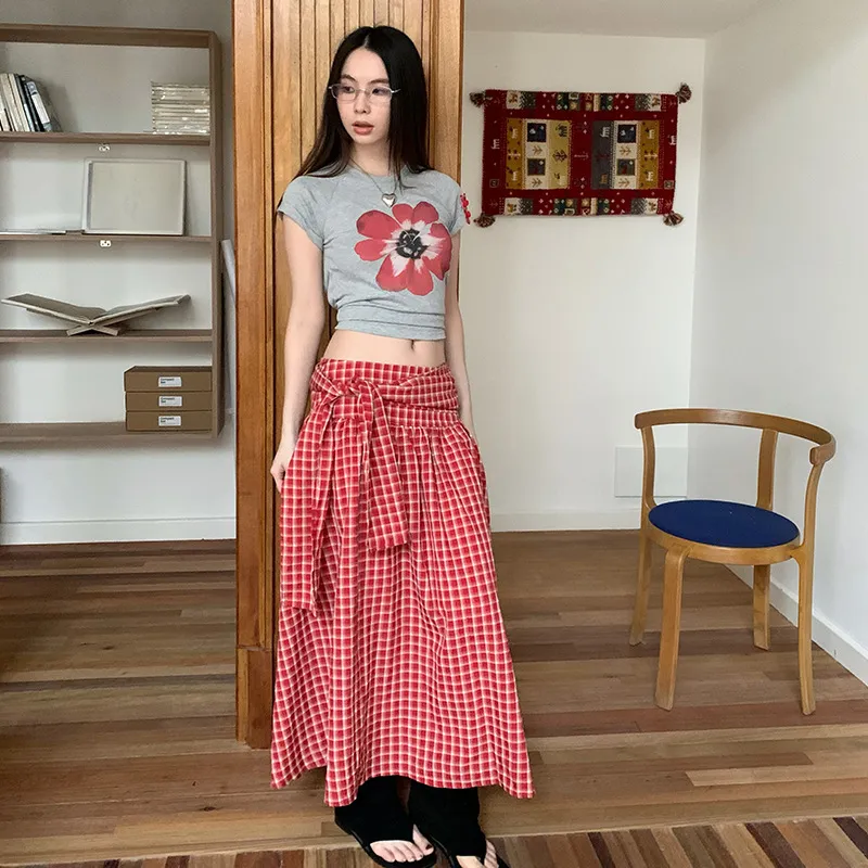 MMFISH辣妹撞色绑带格子侧边拉链宽松抹胸裙一衣两穿半身裙24Q257