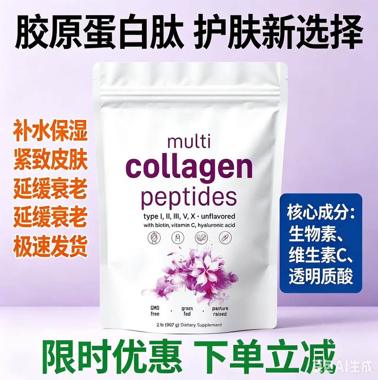 跨境Microingredients多重胶原蛋白粉一磅装胶原蛋白肽粉生酮新款