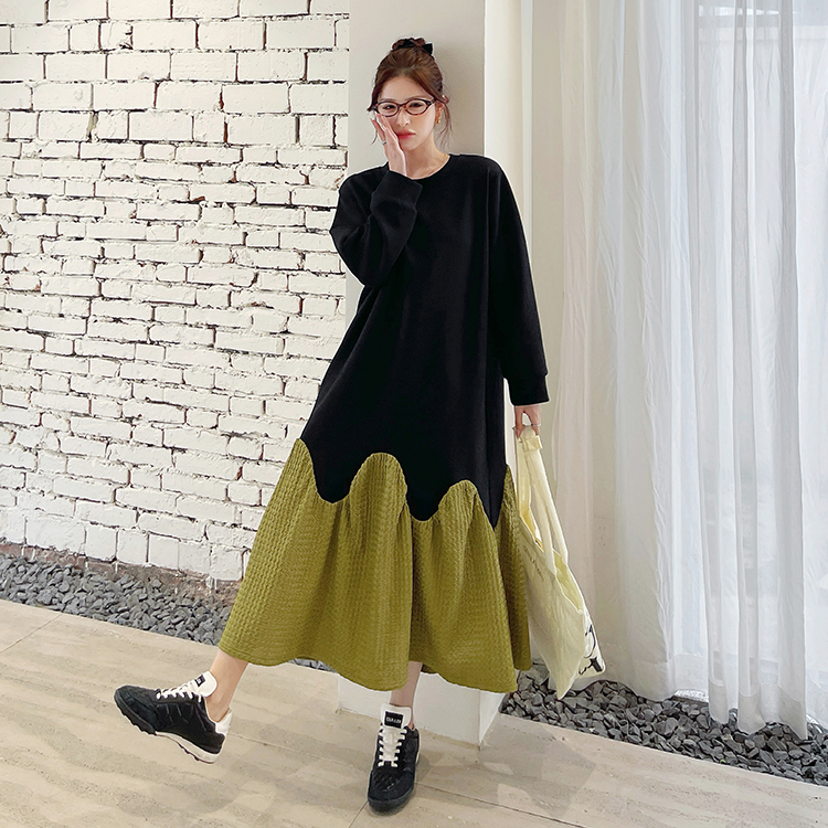法式撞色拼接长袖连衣裙女2025春秋新款设计感小众宽松显瘦鱼尾裙