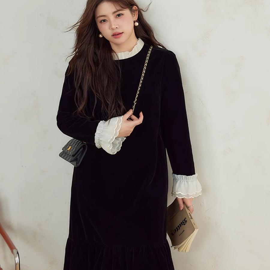 大码假两件丝绒法式连衣裙