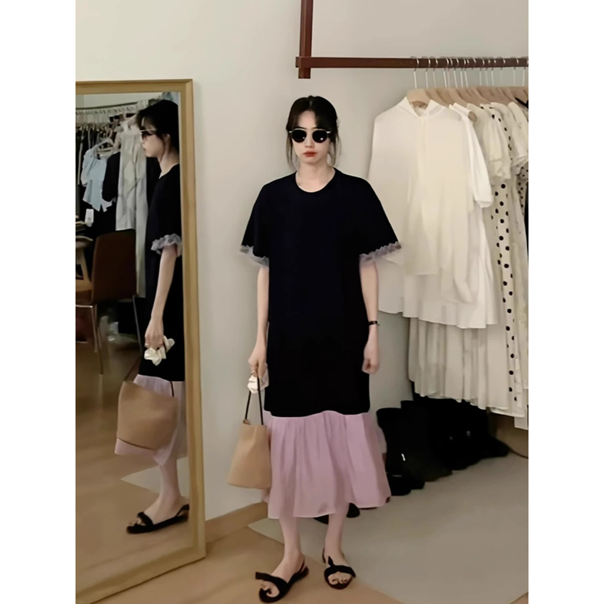 法式韩国东大门夏季新款黑粉色公主裙纱纱网纱拼接女中长款连衣裙