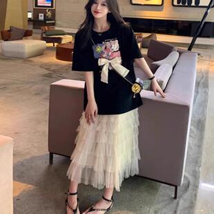 夏季微胖mm200斤遮肉半身裙两件套大码假两件新中式短袖T恤裙子女