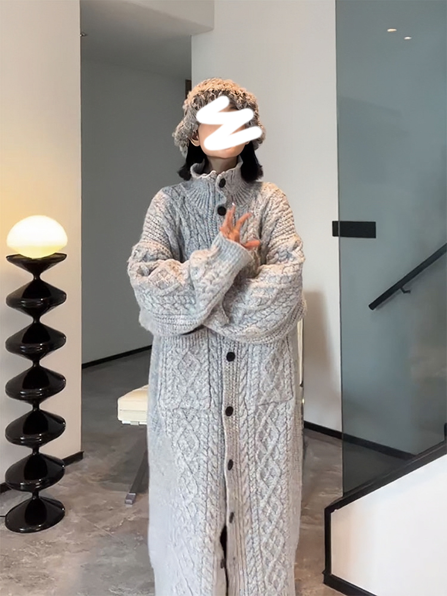 加厚灰色慵懒风开衫针织长袖毛衣女装秋冬季高领宽松外套长款裙子