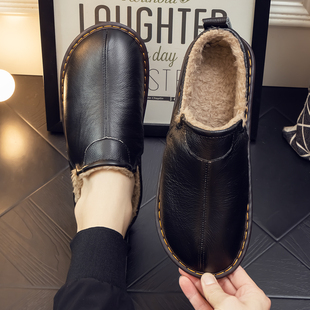 冬季牛皮全包跟保暖棉拖鞋男女室内防滑防水居家羊毛加绒牛筋软底
