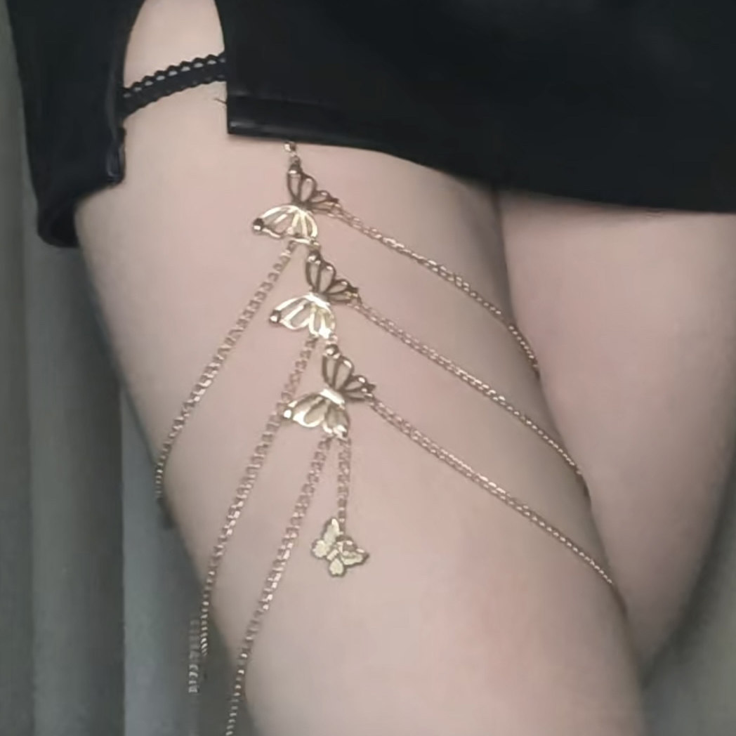 新款蝴蝶腿链女多层金色夸张性感蕾丝弹力大腿链甜酷脚链2025潮夏