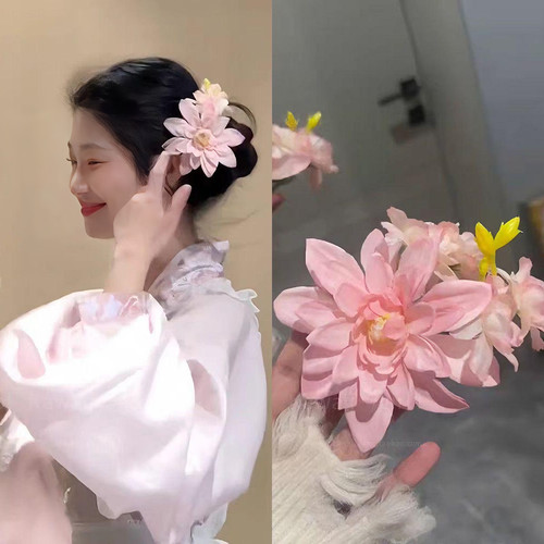 春季出游度假氛围感粉色牡丹花发夹女侧边夹发饰仿真花鸭嘴夹发卡
