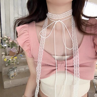蕾丝飘带叠戴层次感设计蕾丝飘带细窄女春夏百搭锁骨颈带丝巾项链