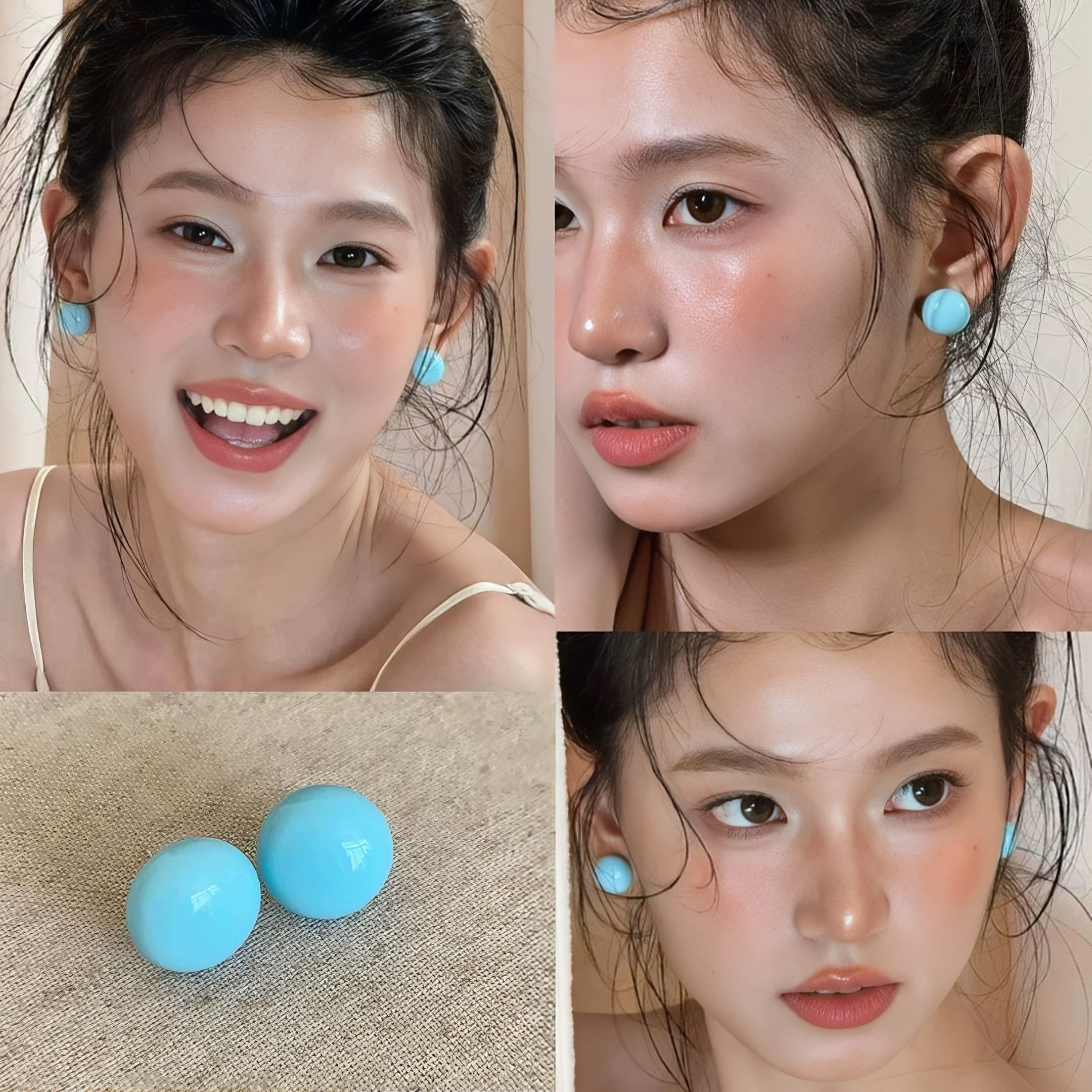 小蓝豆！韩国炫彩几何馒头珠耳钉时尚小众简约高级感网红百搭耳饰