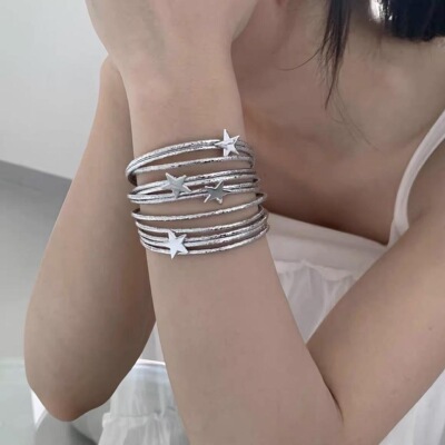 y2k辣妹多层五角星细闪手链亚文化百搭复古pu皮磁性扣手镯手环