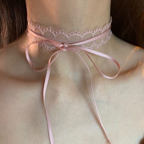 纯欲辣妹风粉色蕾丝choker蝴蝶结绑带项链女锁骨颈链项圈