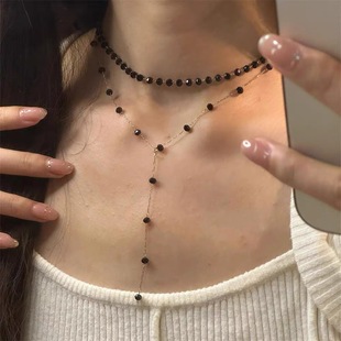 黑色水晶串珠双层项链女轻奢小众高级感锁骨链百搭choker颈链