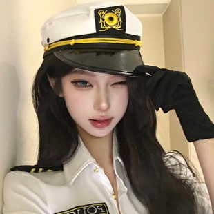 复古英伦风白色刺绣少女水手帽舞台表演道具装饰平顶帽船长海军帽