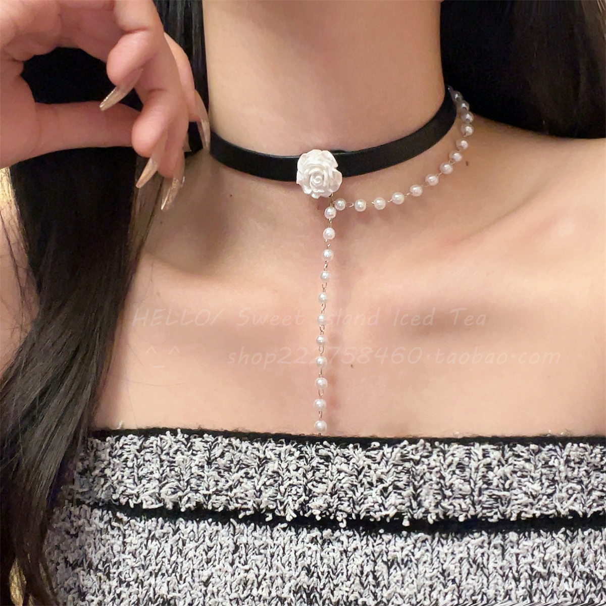 高级黑色小众项链玫瑰花珍珠