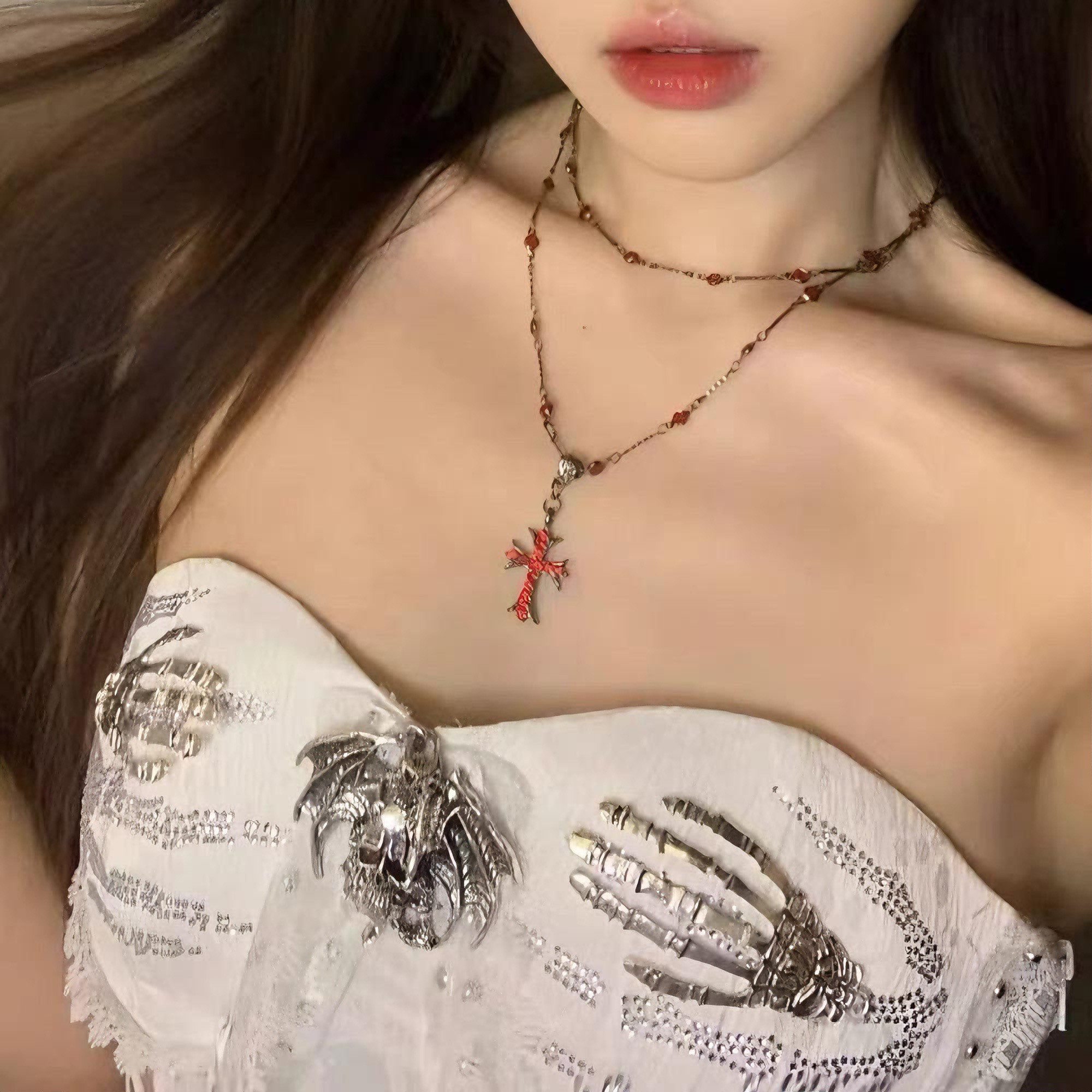 哥特风红色十字架项链女复古做旧暗黑风高级感辣妹Y2K锁骨链颈链