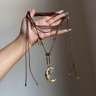 日月同辉中古vintage月牙芒星蜡绳项链可调节百搭秋冬毛衣链