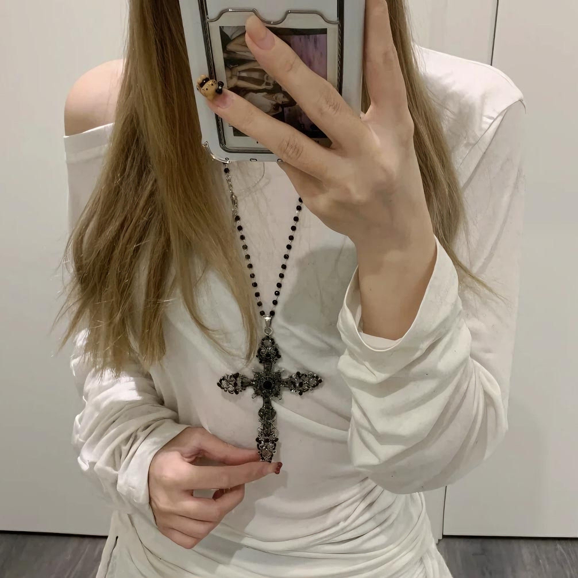 暗黑朋克风水钻十字架项链甜酷风辣妹复古毛衣链Y2K小众设计颈链