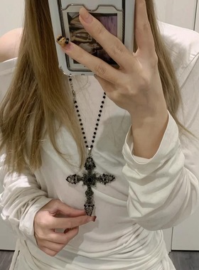 暗黑朋克风水钻十字架项链甜酷风辣妹复古毛衣链Y2K小众设计颈链