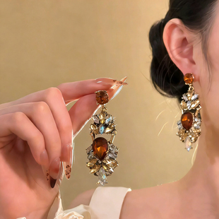 古早千金香槟色镶钻耳环复古宫廷风耳钉个性夸张无耳洞耳夹耳饰女