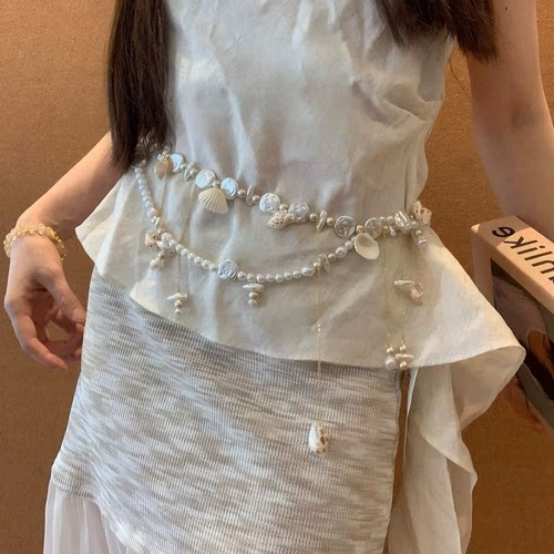海边沙滩穿搭神器~贝壳海星金属腰链配饰女珍珠海螺流苏腰带装饰