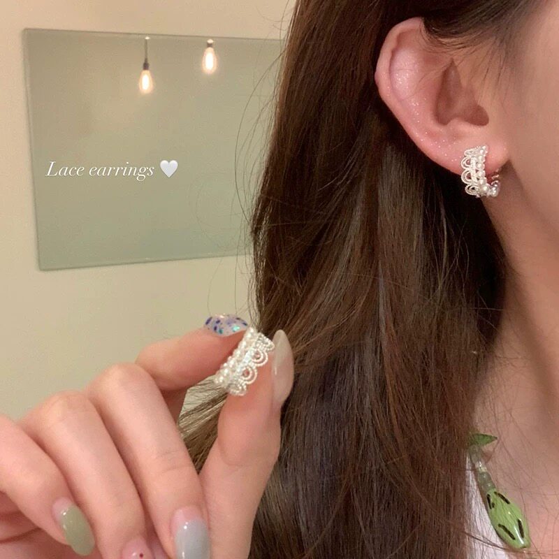 法式优雅蕾丝珍珠耳圈耳扣女轻奢小众高级感耳钉气质耳环耳圈耳饰