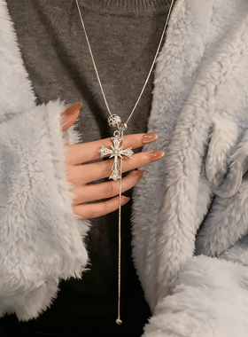 闪锆十字架斑点石吊坠可抽拉项链女小众设计毛衣链高级感颈链配饰