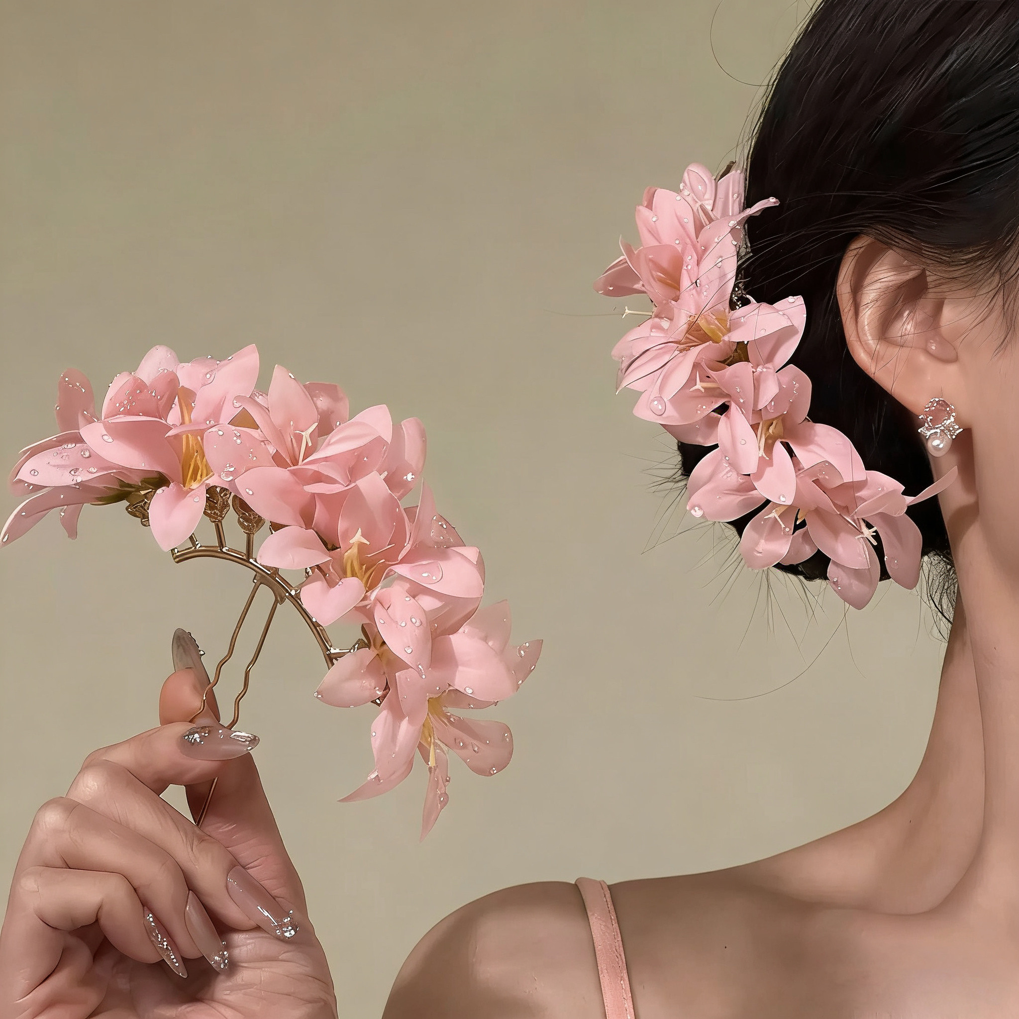 柔花漾春季氛围感度假风唯美粉色花朵发簪甜美气质发钗发饰女