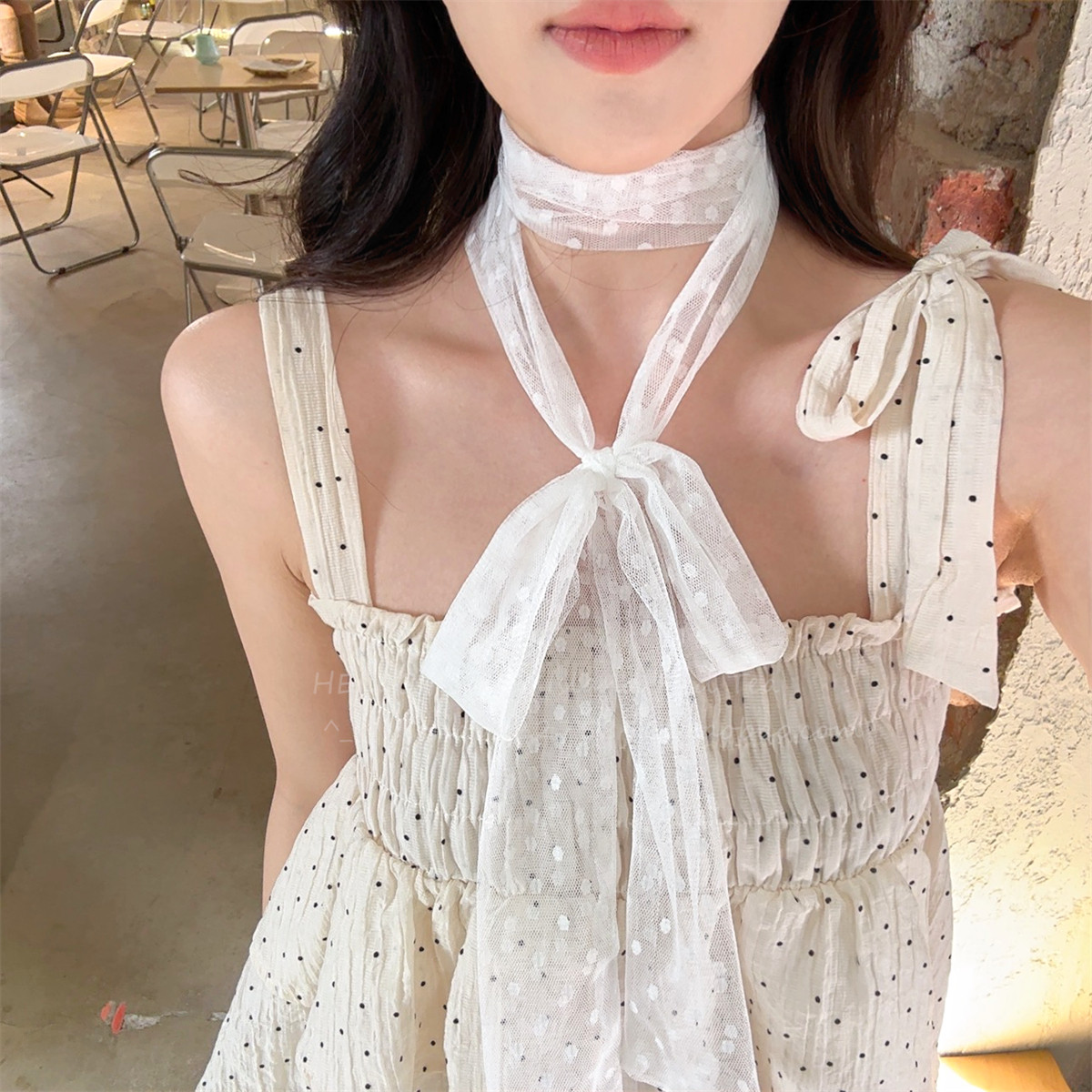 韩系高级感~白色波点长条丝巾女辣妹风系脖发带颈饰围巾2025春季