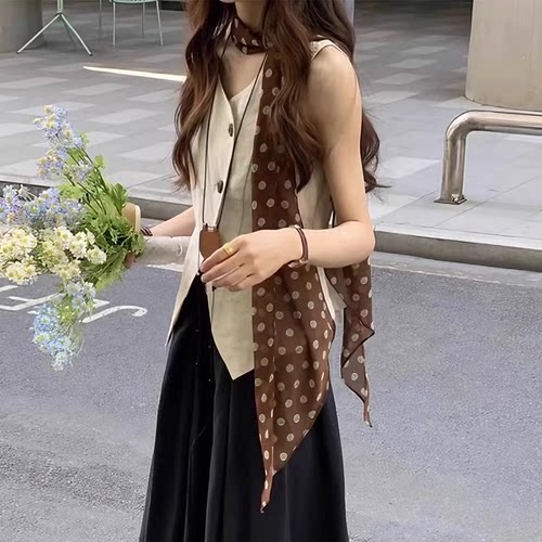 法式复古棕色波点丝巾女夏季薄款长条围巾系脖子飘带领巾配饰颈饰