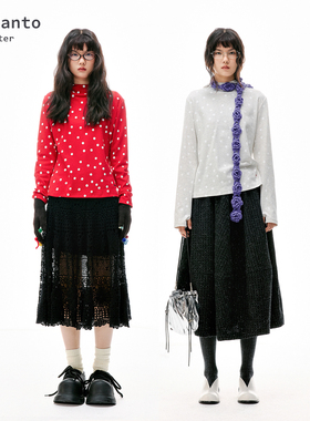 Bel Canto 原创米妮红色灰色手工印花波点设计感秋冬连帽打底卫衣