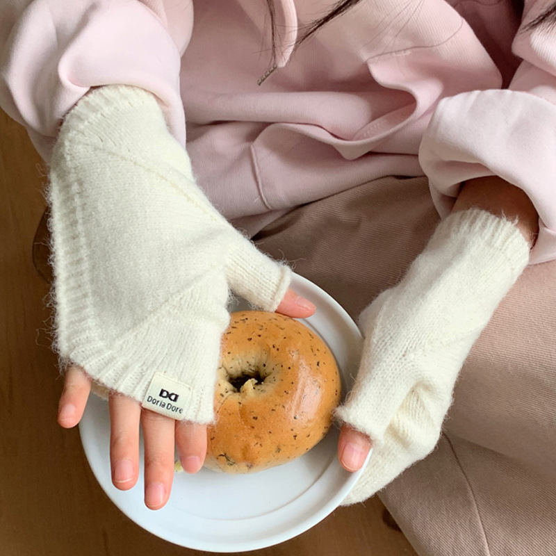秋冬天毛线手套女半指秋冬保暖手臂针织露指打字短款学生个性袖套