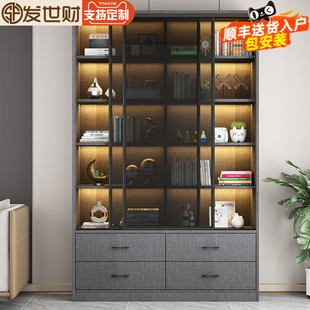 轻奢推拉门书柜自由组合书架实木定制玻璃门家用展示柜子书橱客厅