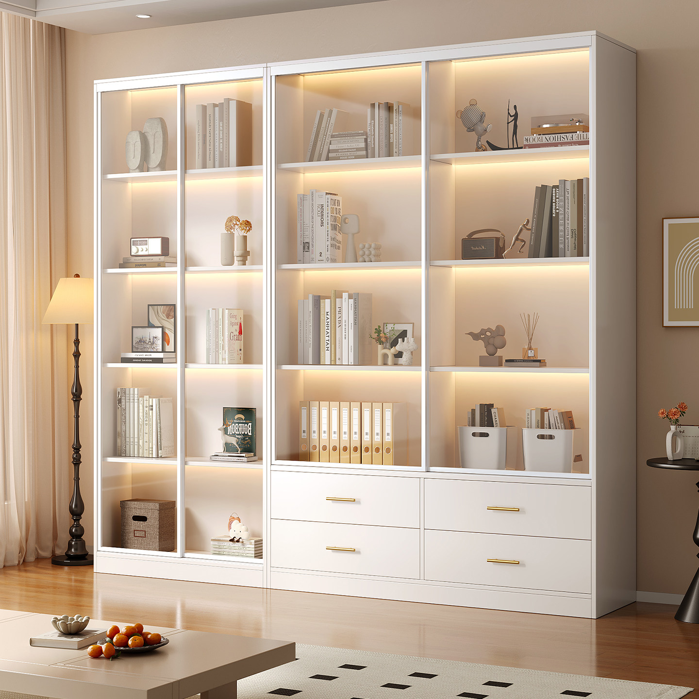 实木书柜推拉门落地玻璃门白色书架客厅展示柜定制书橱手办置物柜