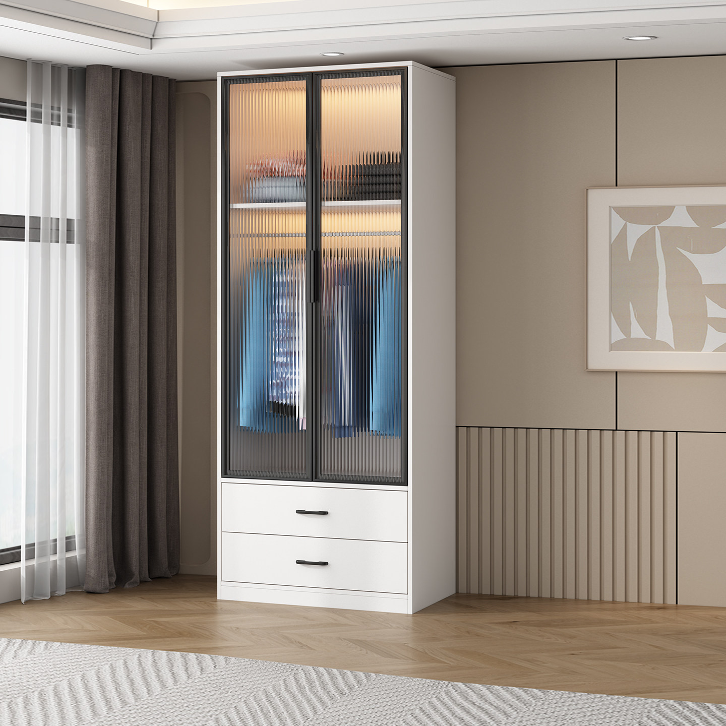 衣柜家用卧室实木小户型现代简约两门长虹玻璃衣橱定制出租房柜子