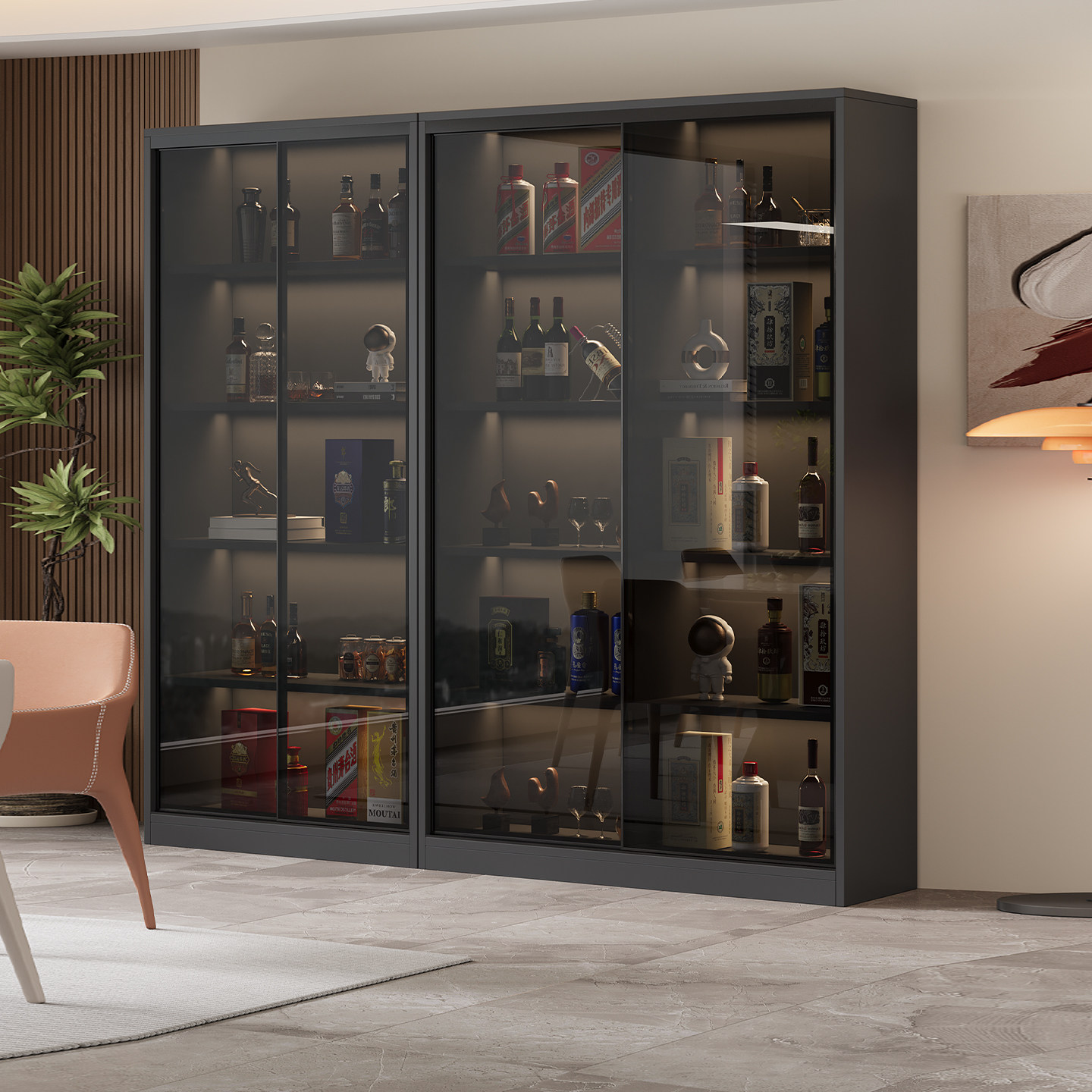 实木滑门玻璃酒柜酒架高档轻奢家用书柜玄关柜靠墙商用展示柜带灯