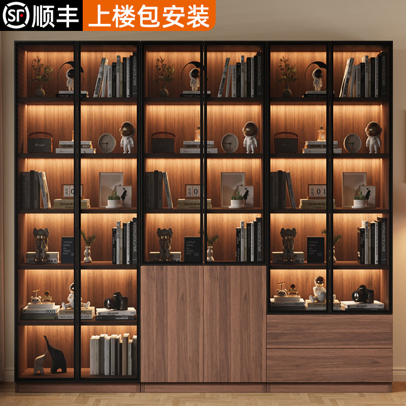 书柜带玻璃门定制中古展示酒柜家用客厅一体整墙靠墙置物手办书架
