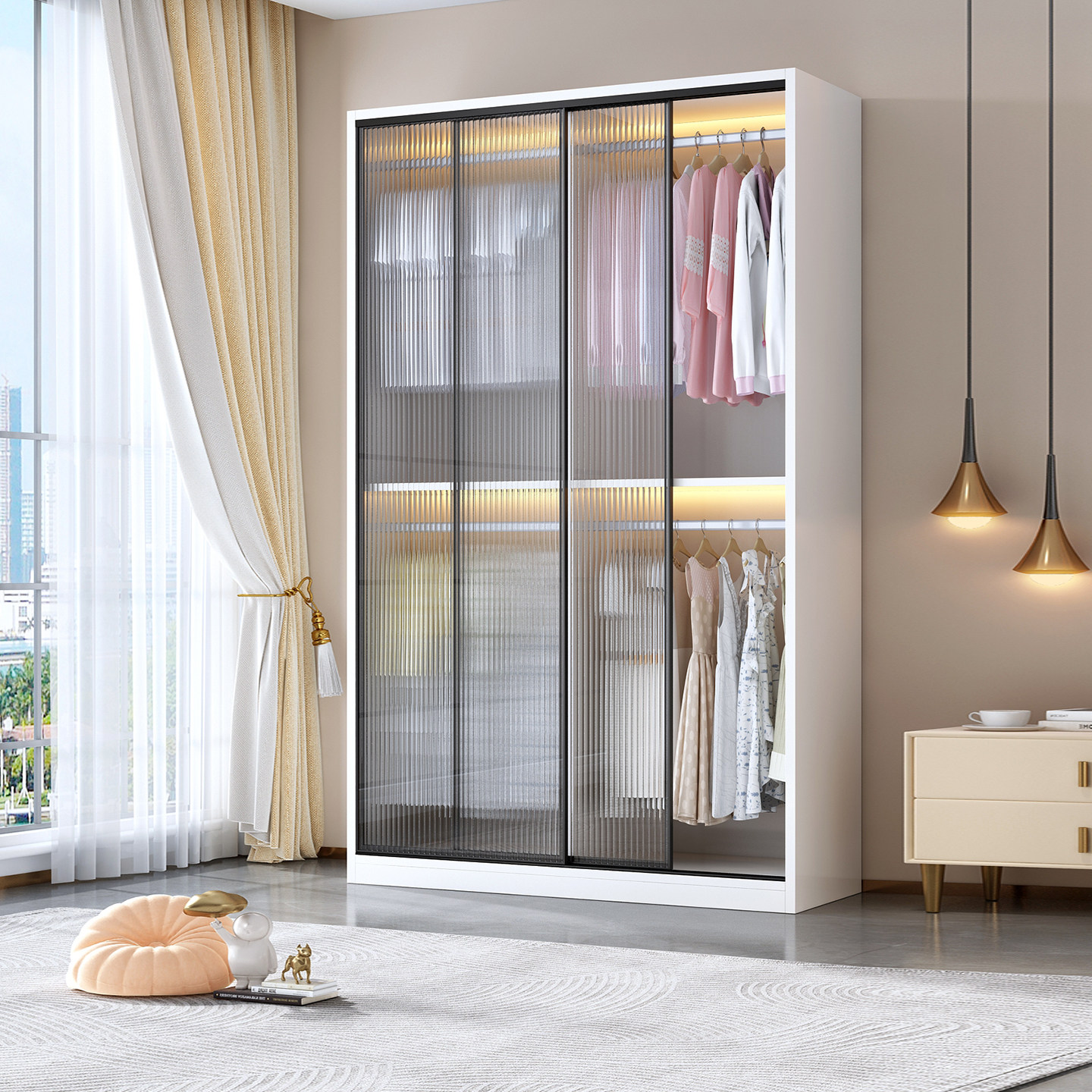 推拉门衣柜卧室家用实木收纳儿童出租房移门长虹玻璃耐用定制柜子