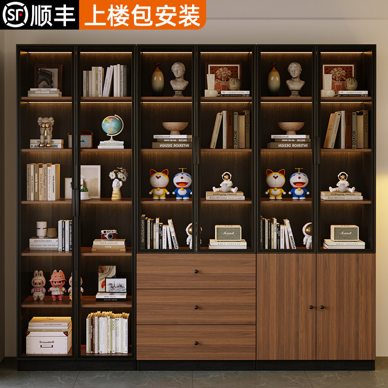 轻奢玻璃书柜黑色手办展示柜客厅一体整墙书架转角置物乐高模型柜