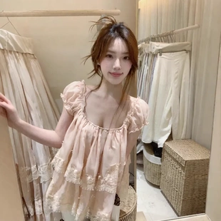 AS OFFICIAL雪纺蕾丝拼接泡泡袖小衫上衣女夏季甜美百搭短袖衬衫