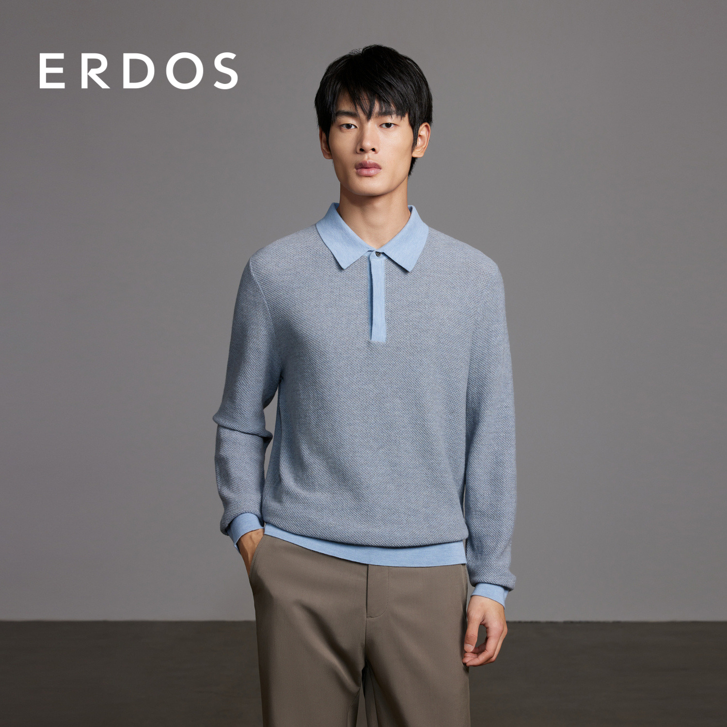 ERDOS 男装羊毛棉混纺针织衫春季款翻领薄款有弹力长袖套衫